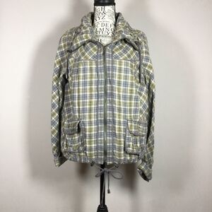 Cotton blend plaid jacket blue green & cream toggle drawstrings sz L